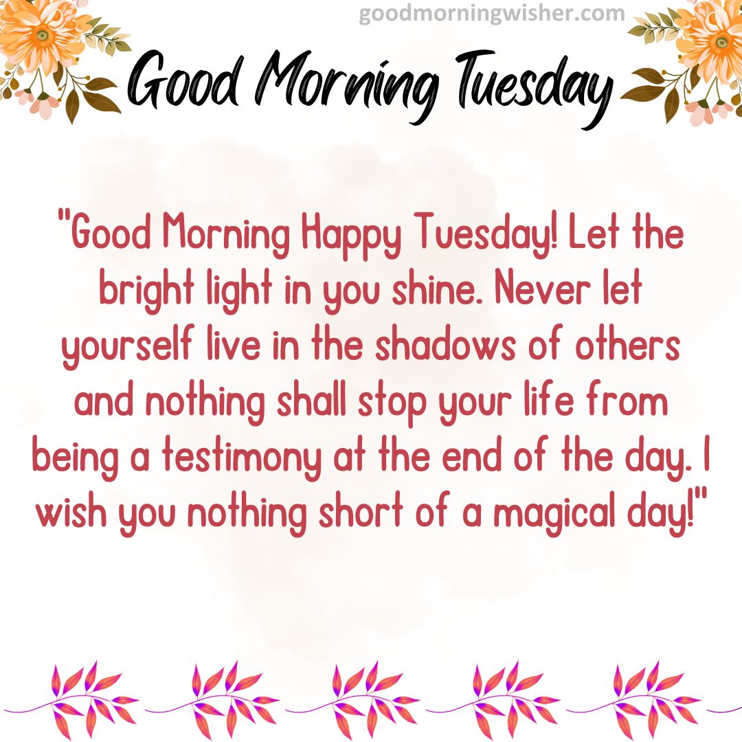 Good Morning Happy Tuesday! Let the bright light in you shine. Never let yourself live in